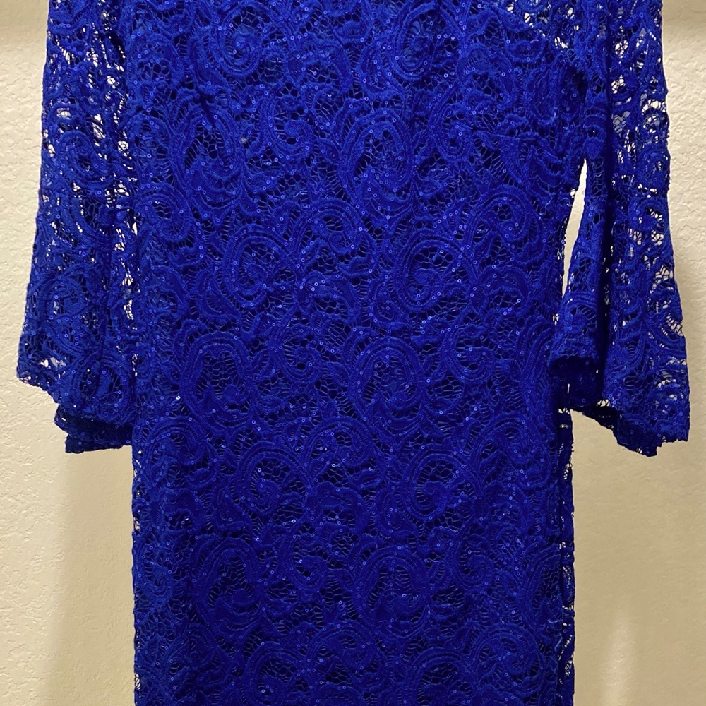 Royal blue “MARINA” brand stretch lace calf length dress with sequins. Worn once